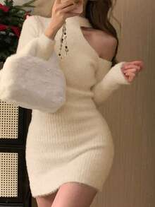 露肩纯色性感毛衣裙，约会必备 - 杏色 - 查看 5