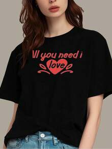 Camisetas femininas,women's Valentine's Day letter printed T-shirt, cotton casual round neck short sleeved top, spring and summer knitted top, unisex Tee For adult, Men, Women, Teen, Teenager, adolescent, Youth