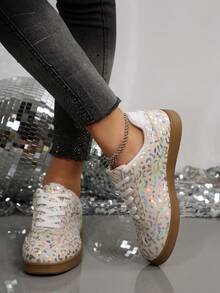 复古休闲豹纹拼布女式运动鞋，2025年春秋季新款 - 米色 - 查看 4