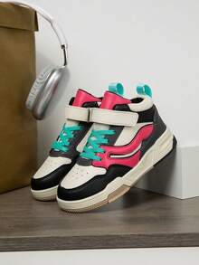 1 Paar Kinder High Top Lässig Mode Sneaker, Farbblockdesign, leicht & bequem, geeignet für Outdoor, Laufen, Kinder & Teenager - Schwarz Rot - Übersicht 2