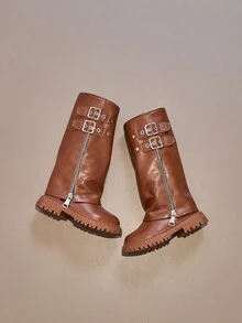 女童时尚过膝骑马靴，2025秋冬新款别致搭扣复古褶皱靴筒靴（内衬随机发货），【尺码偏小，建议选购大一码以获得更合脚的穿着体验】 - 棕色 - 查看 4