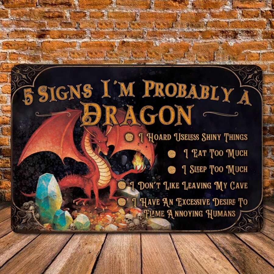 Dragon Lover Tin Metal Sign Wall Decor Gift Idea Funny Dragon Graphic Distressed Metal Sign Fantasy Readers Tee - 彩色 - 查看 1
