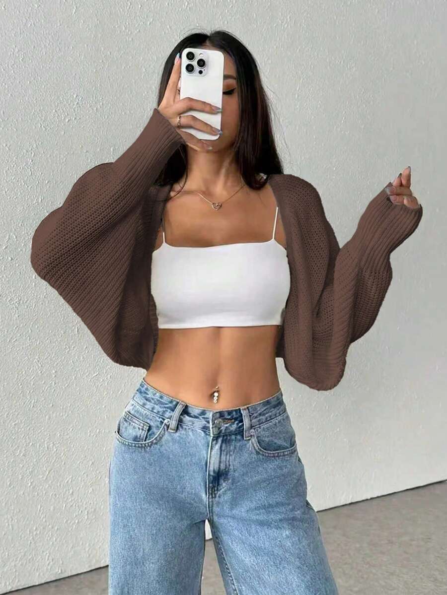 New Arrival Casual Ribbed Solid Color Knit Cardigan Sweater, Short Style Long Sleeve Top For Women - Brown - View 1