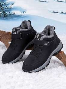 Giày bốt cổ thấp lót giữ nhiệt dành cho thanh thiếu niên/học sinh, bốt đi tuyết ngoài trời, bốt leo núi, giữ ấm, chống lạnh, chống mài mòn, chống trượt, khóa dán tiện lợi (Màu lớp lót lông không đối xứng, giao hàng ngẫu nhiên) - màu đen - Xem 13