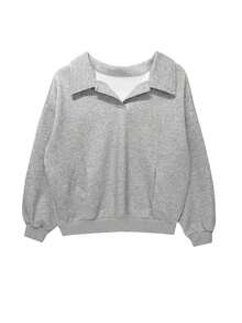 女士宽松版型保暖内衬纯色落肩翻领运动衫 - 淺灰色 - 查看 8