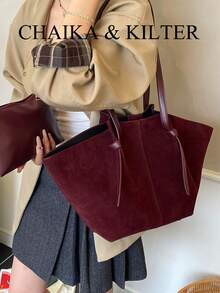 2 件 CHAIKA & KILTER 纯色绒面革单肩包女士复古休闲大容量手提包书包带双手柄和按扣，适合旅行、购物、约会、女士礼物，适合少女、大学生、初学者和办公室女士，非常适合办公室、学校、工作、商务、通勤、户外、旅行、徒步旅行 - 酒紅色 - 查看 7