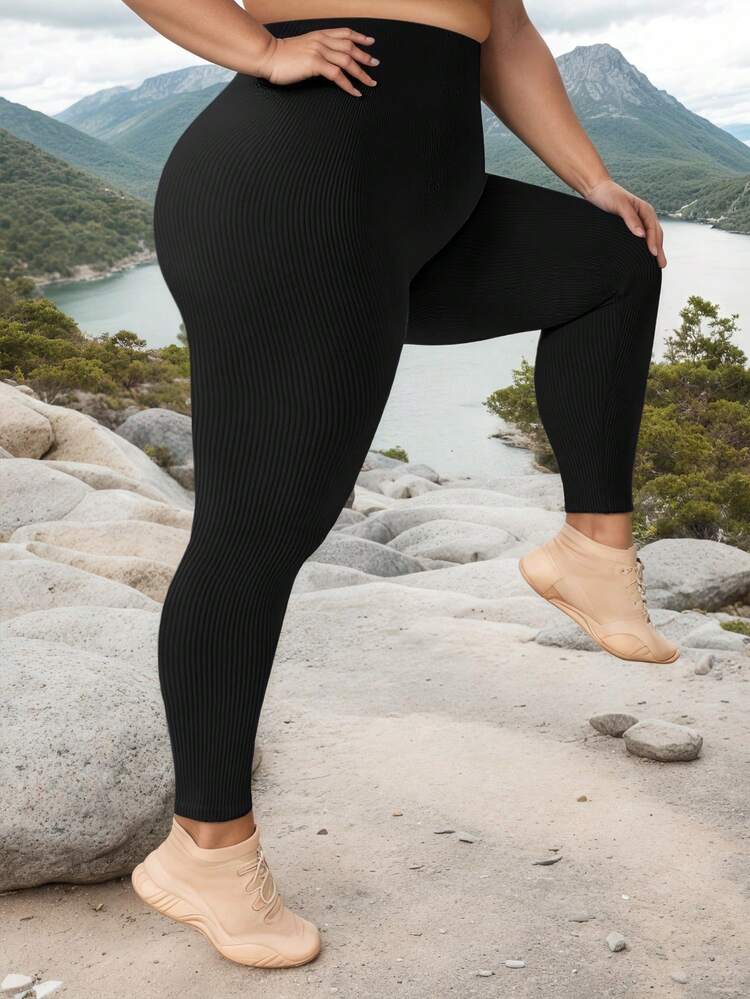 女士高腰紧身裤 - 收腹提臀不透运动柔软瑜伽裤跑步加大码黑色春季款 - 黑色 - 查看 5