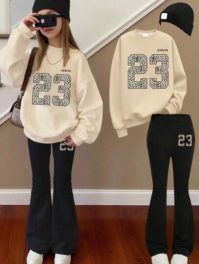 1件套女童时尚豹纹数字运动服套装，舒适百搭，适合日常上学穿着，春秋季节皆宜。