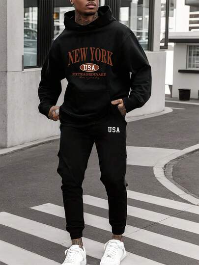 New York USA Sudadera y pantalones deportivos para hombre, conjunto de sudadera y pantalones informales, ajuste holgado, manga larga, detalle de bolsillo, tejido de punto, poliéster, colección otoño/invierno