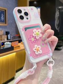 Casing Ponsel dengan Gantungan Kartu dan Motif Bunga 3D Warna-warni, Kompatibel dengan Apple 16 Pro Max/ 15 Pro Max, New 11, 12, Creative 14 Pro/13, Pelindung Lembut, Desain Wanita, Serbaguna - Berwarna merah muda - View 2