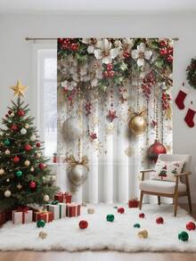 1pc Christmas Floral, Ornament & Decor Printed Polyester Curtain/Door Curtain, Rod Pocket Hanging, Suitable For Holiday Parties, Winter Celebrations, Christmas Decoration - Multicolor - View 6