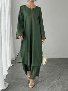 女士宽松两件套：V领长款喇叭袖连衣裙+松紧腰阔腿裤，休闲印花两件套，优雅奢华绿色正式晚宴派对假日日常穿着春季套装 - 綠色 - 查看 11