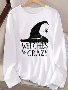 Fall Cothes For Women Fun "Witches Be Crazy" Witch Hat Graphic Tees Halloween Costume, Daily Casual Round Neck Long Sleeve T-Shirt,Going Out Tops Women,Women's Printed Tops Suitable For Outdoor Or Home