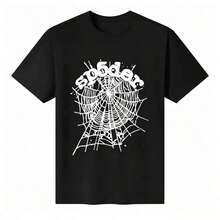100% Cotton Unisex Round Neck Short - Sleeve T - Shirt - "Sp5der" Spider Web Graphic Basic Tee For Summer Men's Tops - 黑色 - 查看 5
