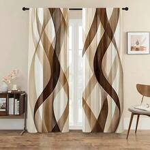 2PCS Elegant Dark Curtains With Brown And Brown Wave Print Patterns, Suitable For All Seasons Decoration, Suitable For Living Rooms, Bedrooms, Etc. - Machine Washable, Pole Pocket Design, Suitable For Curtains In Living Rooms