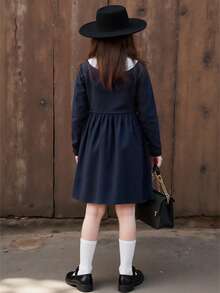 Girls' Long Sleeve Dress, Peter Pan Collar Bow Retro Style Dress, Navy Blue French Style Party Dress | Cute Young Girl Spring Outfit - Navy Blue - View 3
