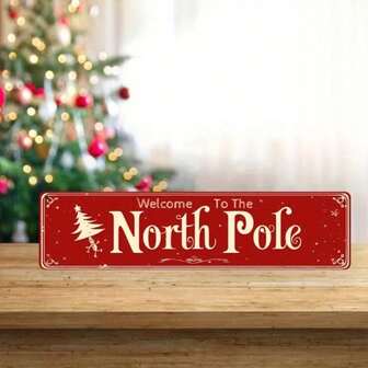 Vintage North Pole Welcome Sign - 4x16" Metal Christmas Decor, Home Cafe Porch Yard Holiday Art