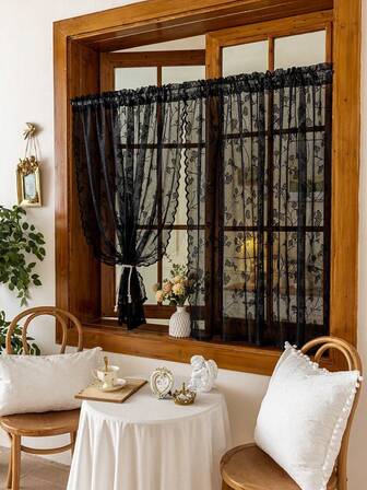 1 pieza Cortina divisoria de estilo bohemio con encaje, perlas y patrón floral semi-transparente y cómoda, cortina decorativa para ventana de dormitorio, sala de estar, decoración del hogar, para todo el año