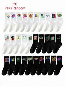 1/5/10/20双/包随机款式女士数字趣味图案条纹黑白纯色嘻哈复古风格运动中筒袜 - 彩色 - 查看 14