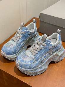 DareSee 2025春秋新款女士水钻厚底运动鞋，时尚ins风休闲跑步鞋，圣诞礼物 - 藍色 - 查看 7