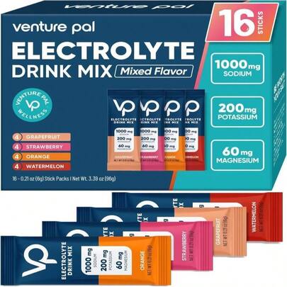 Venture Pal High Sodium Sugar Free Electrolytes Powder Packet - Hydration Packets With Vitamin, Sodium &Amp; Potassium | Zero Calories | Vegan, Keto &Amp; Paleo Friendly Electrolyte Drink Mix - 16 Sticks