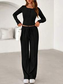 PRETTYGARDEN Women's Spring Fall 2 Piece Outfits Lounge Sets Long Sleeve Top Henley Shirts Wide Leg Pants Travel  Sweatsuit Set Women Clothes Home Clothes Going Out Outfits Sports Valentine Vacation Outfit For Women - 黑色 - 查看 4