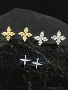 1 Pair/2pcs Punk Style Rhinestone Shield Stud Earrings, Geometric Cubic Zirconia Copper Plated, Unisex Fashion Earrings For Daily Wear And Parties, Suitable As Valentine's Day Or New Year Gift - Multicolor - View 12