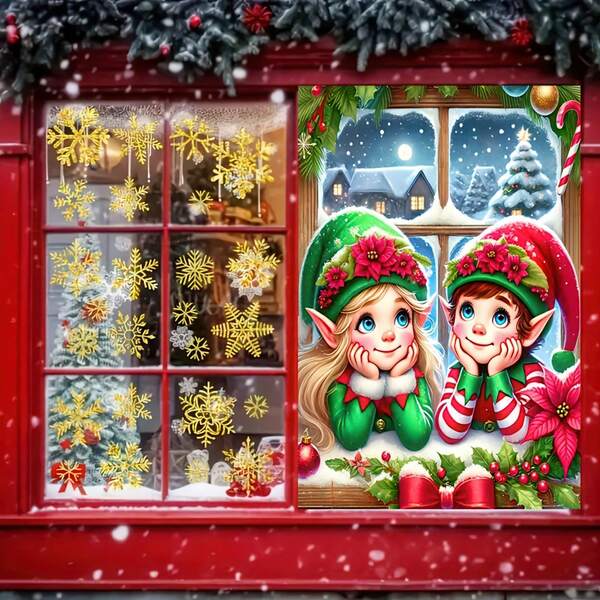 علم نافذة طباعة إلف ، من بوليستر متين، مزين بقبعة زهرية للإلف، نافذة مغطاة بالثلج، شجرة عيد الميلاد وعناصر نبات البوينسيتيا، بأسلوب سكندنافي خيالي احتفالي من البوليستر، مناسب لتعليق على باب وجدران المنزل، مدفأة عيد الميلاد، زينة شجرة ، حفلة الشتاء، (ورقة لاصقة مجانية).