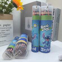 Conjunto de Lápis de Cor com Tema do Stitch em Balde - 12/36 Cores, Design Fofo de Desenho Animado do Stitch, Lápis de Colorir Premium para Crianças e Adultos