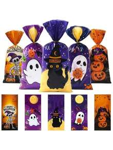 50pcs Halloween Candy Bags With Black Cat, Ghost, Skull And Pumpkin Patterns, Party Favor Bags With Gold Twist Ties, Halloween Treats, Happy Halloween Gift Bags, Halloween Party Supplies, Halloween Home Decor - Multicolor - View 11