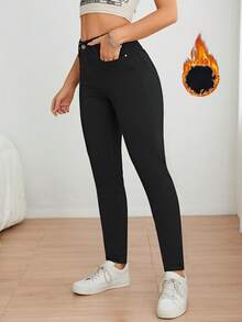 女士冬季休闲水洗黑色修身牛仔裤，加长保暖内衬，高弹力裤型，适合冬季穿着 - 黑色 - 查看 3