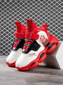 1 Pair Kids High-Top Basketball Shoes, Warm Plush Lining, PU Leather, Indoor/Outdoor Casual Running Shoes, Easy Slip-On, Anti-Slip, Comfortable, Fashion Sneakers For Boys & Girls, Suitable For Winter - Red - View 2