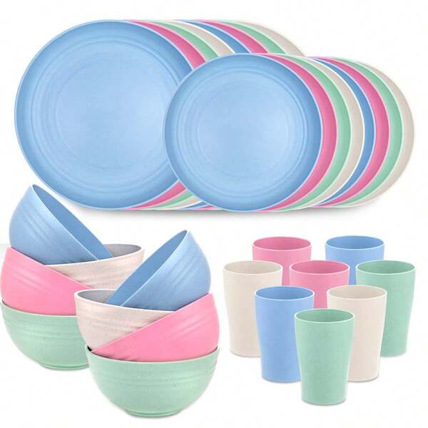 CCAGU 16/32pcs Kitchen Plastic Wheat Straw Tableware Set, 4/8 People, Plates, Dessert Plates, Cereal Bowls, Cups, Unbreakable, Lightweight Shatterproof For Camping/Daily Use/Parties/Weddings, Gift For Halloween/Christmas, Local Warehouse Item