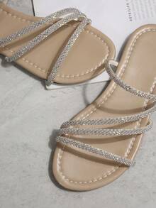 Sandali piatti da donna con decorazioni in cristallo, adatti per appuntamenti, shopping, feste, pendolarismo, vacanze e uso casual in casa