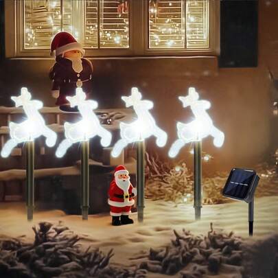 4pcs/Pack Solar Christmas Pathway Lights Outdoor Set Of 4 Waterproof Solar Stake Christmas Decor LED Lights Landscape Walkway Lights For Home Garden Yard Sideway Lawn Holiday Party Patio Christmas Decorations(White Lights;Deer,Bell,Snowflake,Pentagram)
