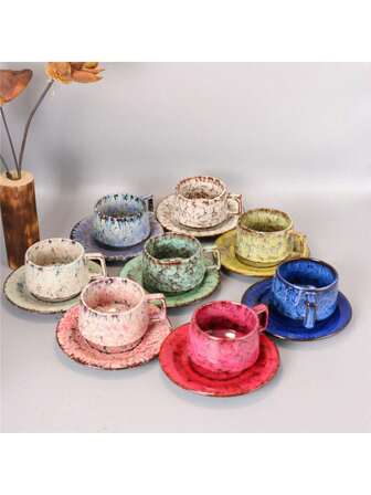 Ceramic Coffee Mug With Crackle Glaze, Saucer, American Style Afternoon Tea Cup