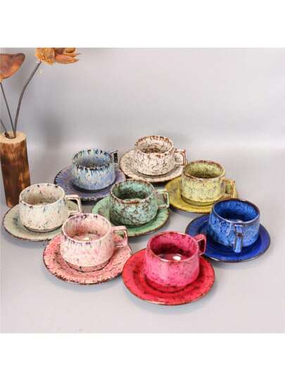 Ceramic Coffee Mug With Crackle Glaze, Saucer, American Style Afternoon Tea Cup