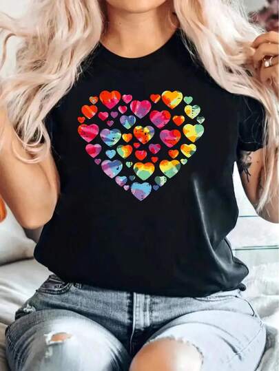 Valentines Day Heart Hearts Tie Dye Women Girls Kids Toddler T-Shirt Women'S Casual Round Neck Short Sleeve T-Shirt Graphic Tees Women Tops Tee For Adult, Men, Women, Teen, Teenager, Adolescent, Youth