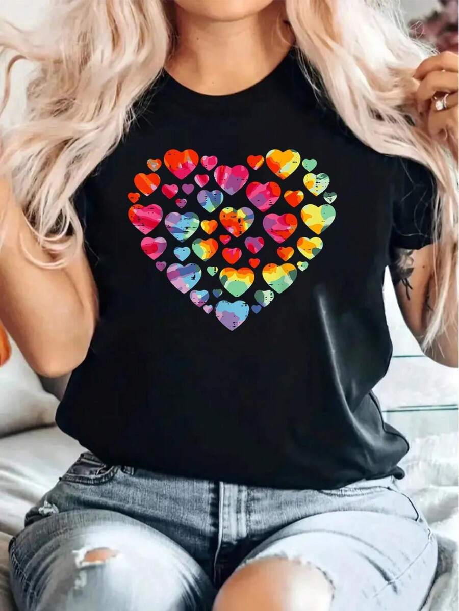 Valentines Day Heart Hearts Tie Dye Women Girls Kids Toddler T-Shirt Women'S Casual Round Neck Short Sleeve T-Shirt Graphic Tees Women Tops Tee For Adult, Men, Women, Teen, Teenager, Adolescent, Youth - 黑色 - 查看 1