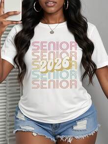 2026 Latest Women'S Fashion Casual Sports T-Shirts - Dazzling 2026 Printed Pattern Sports Shirts, Soft And Breathable Fabric, Regular Fit Short Sleeves Suitable For Summer, 2026 New Beautiful And Cute Round Neck T-Shirts, All-Season Clothing, The Best Gift For Friends And Family In The New Year - White - View 1