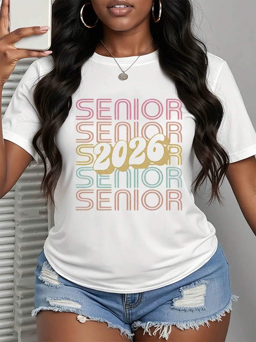 2026 Latest Women'S Fashion Casual Sports T-Shirts - Dazzling 2026 Printed Pattern Sports Shirts, Soft And Breathable Fabric, Regular Fit Short Sleeves Suitable For Summer, 2026 New Beautiful And Cute Round Neck T-Shirts, All-Season Clothing, The Best Gift For Friends And Family In The New Year - White - View 1