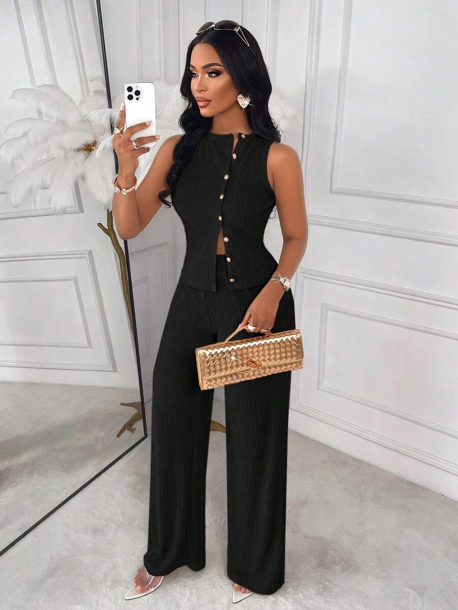 AIJ Amarilo Striped Sleeveless Design Top Plus Straight Pants Two Pieces Suit, Daily Elegant Business Style, The Latest Spring And Summer Women's Elegant Suit - Black - View 1