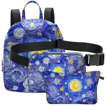 3pcs Kpop Merch Van Gogh Starry Sky Galaxy Mini Backpack Sets Puple And Blue Backpack Bolsas &Message Bags Shoulder Bag CrossBody Bag Athletica Everywhere Belt Bag Fanny Pack For Women& Wedding Makeup Bag Kpop Fashion Merch Cruise Travel Essentials Wallet Purses And Bags Women Gift For Birthday Lover Mom Tote Bags For Women
