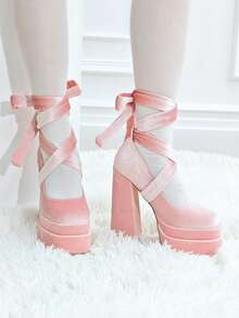 Lace Up Mary Jane Heels For Women Platform Chunky Heeled Shoes Goth Round Toe Y2K High Heels Lively Red Look - 淺粉色 - 查看 9