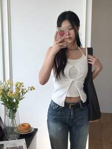 女士二合一吊带无袖扭结镂空开衩设计背心休闲白色夏季 - 白色 - 查看 6