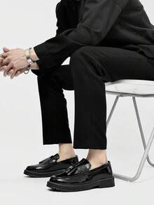 Men's Casual Thick Sole Slip-On Increased Height Solid Black Leather Shoes, Student Flat Shoes, Formal Business Shoes, Fringe Casual Work Boots Wedding Accessories