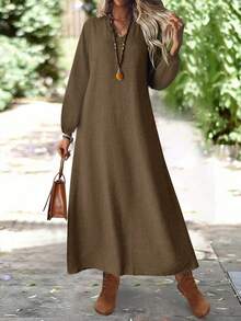 Elegancka, długa sukienka damska na jesień, z dekoltem w serek, nieprzezroczysta, na co dzień, do biura, na imprezę, sukienki damskie