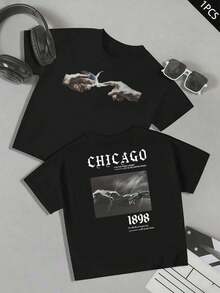 Maglietta con Grafica Chicago Hands , T-shirt da uomo con stampa fronte-retro, alla moda, casual, girocollo, in cotone 220 g/m2 (1 pezzo)