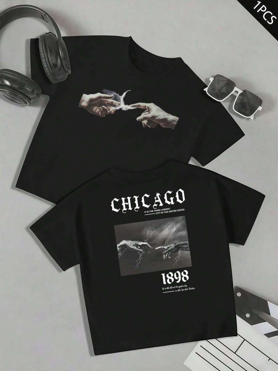 Maglietta con Grafica Chicago Hands , T-shirt da uomo con stampa fronte-retro, alla moda, casual, girocollo, in cotone 220 g/m2 (1 pezzo)