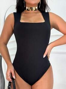 3-Piece Basic Bodysuit, Square Neckline, Wide Straps, Versatile Shapewear, Casual, Suplex, Fashion, Gringa Blogger - 海軍藍-黑-白 - 查看 3